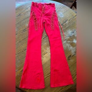 Edikted Jeans Womens Size Small Lace Up Flare Fire Engine Red Denim Pants Flare